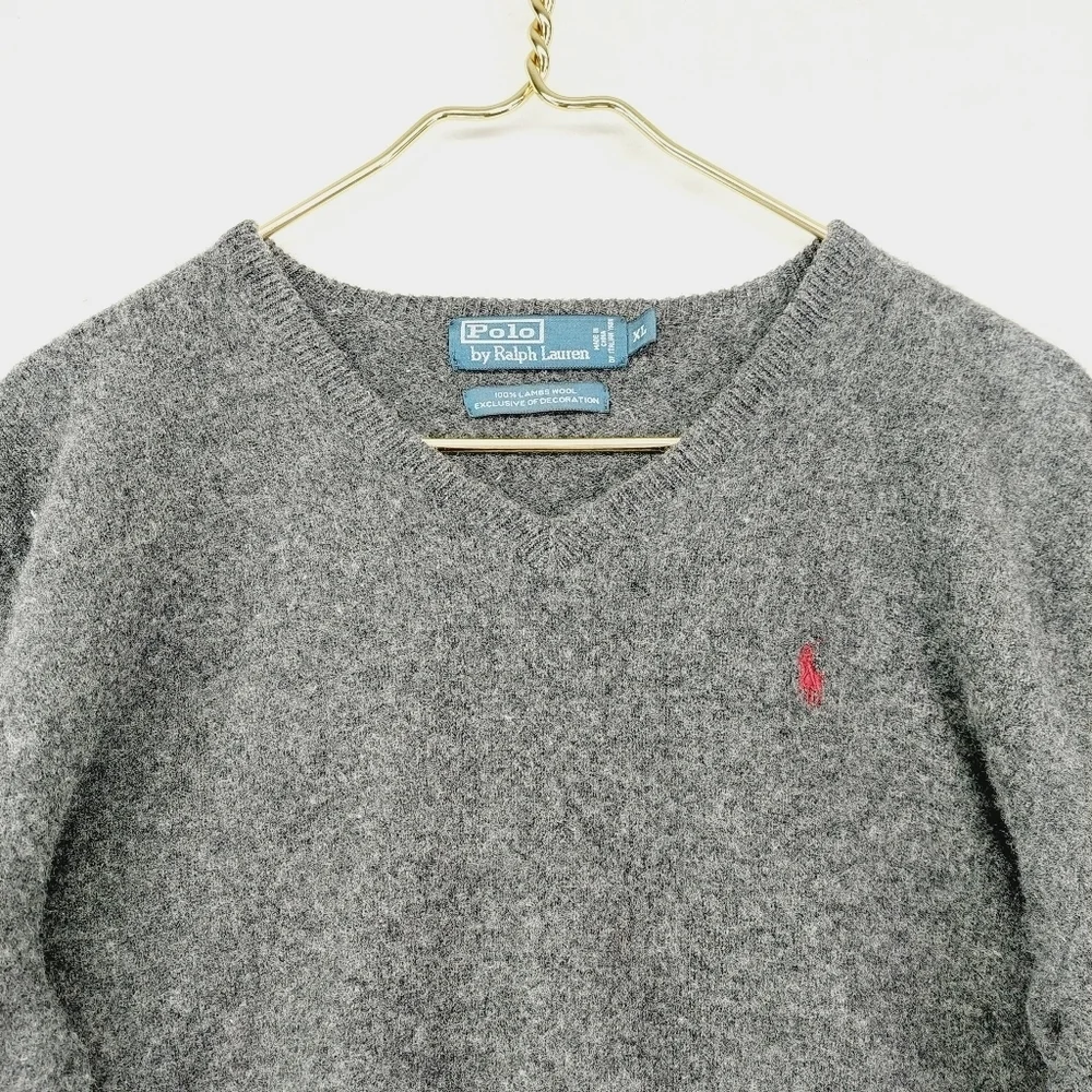 Polo by Ralph Lauren Gray & Black Long Sleeves V-Neck Pullover Sweaters 3526